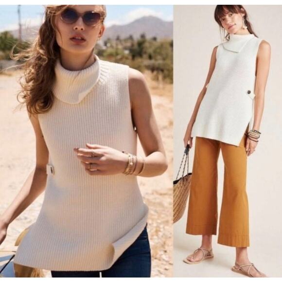 New! Anthropologie Shaker Knit Tunic Sweater Vest Cream Chunky Button Sides Sz L - Picture 3 of 8